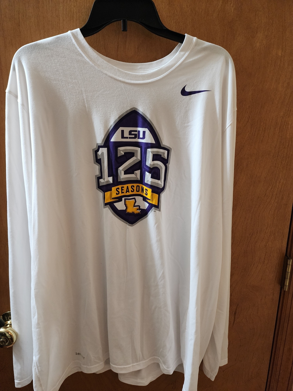 Nike Dri Fit LSU Tigers Football 125 Seasons Long Sleeve Shirt White Mens XXL